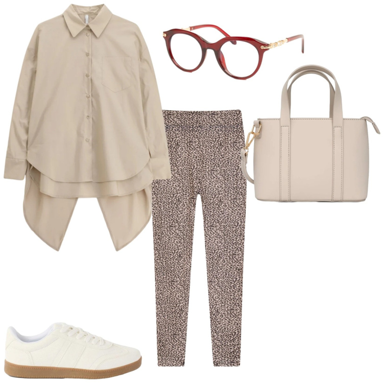 Outfit donna - Total look #2470602. Stile Casual per Tutti i giorni. Abbinamento con leggings, sneakers, camicie, borse a tracolla, occhiali da sole.