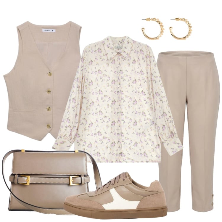 Outfit donna - Il layering delicato. Stile Casual chic per Tutti i giorni. Abbinamento con borse a tracolla, orecchini, sneakers, camicie, gilet, pantaloni.