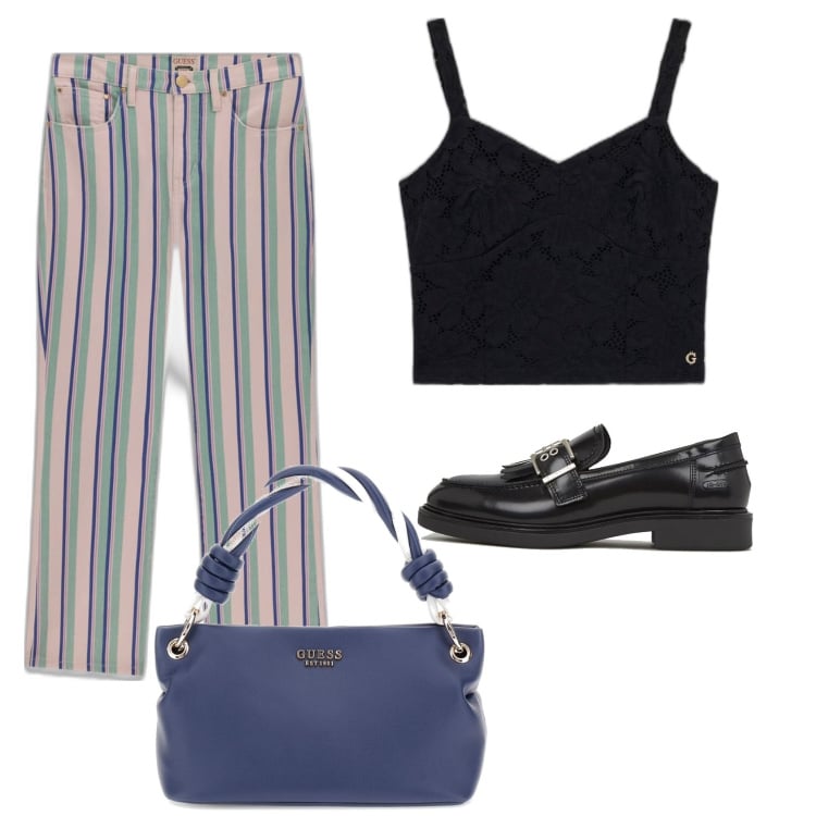 Outfit mujer - Trendy. Estilo Trendy para Todos los días. Combinación con mocasines, bolsos de mano, top, vaqueros bootcut.