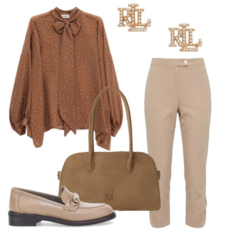 Outfit donna - In autunno. Stile Sporty chic per Ufficio. Abbinamento con pantaloni, camicie, borse a spalla, orecchini, mocassini.
