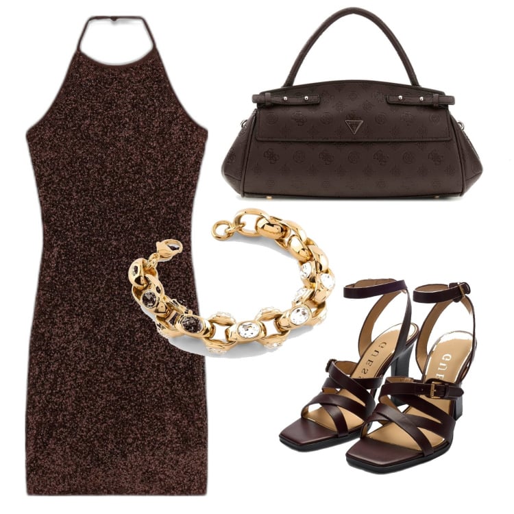 Outfit mujer - Glamour. Estilo Glamour para Noche/Fiesta elegante. Combinación con sandalias de piel, bolsos de mano, vestidos cortos, pulseras.