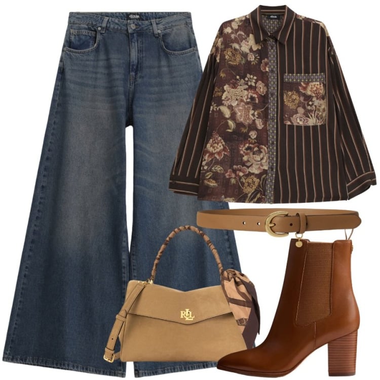 Outfit donna - Total look #2470637. Stile Trendy per Ufficio. Abbinamento con jeans, camicie, stivaletti, cinture, borse a mano.