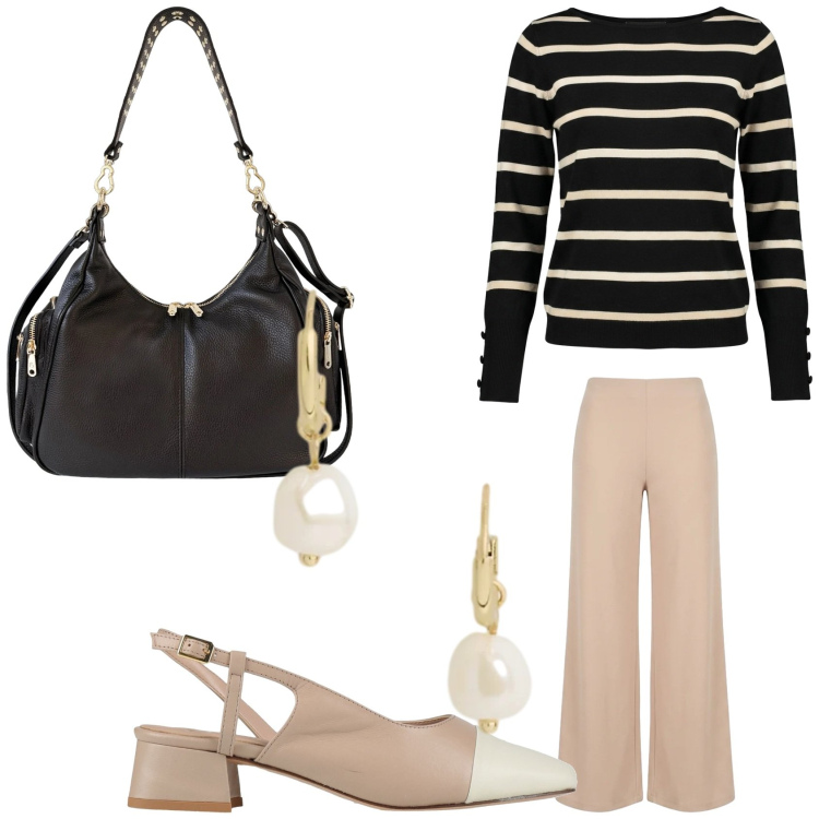 Outfit donna - A cena da amici. Stile Casual per Serata fuori. Abbinamento con décolleté, borse a spalla, pantaloni a palazzo, maglieria, orecchini.