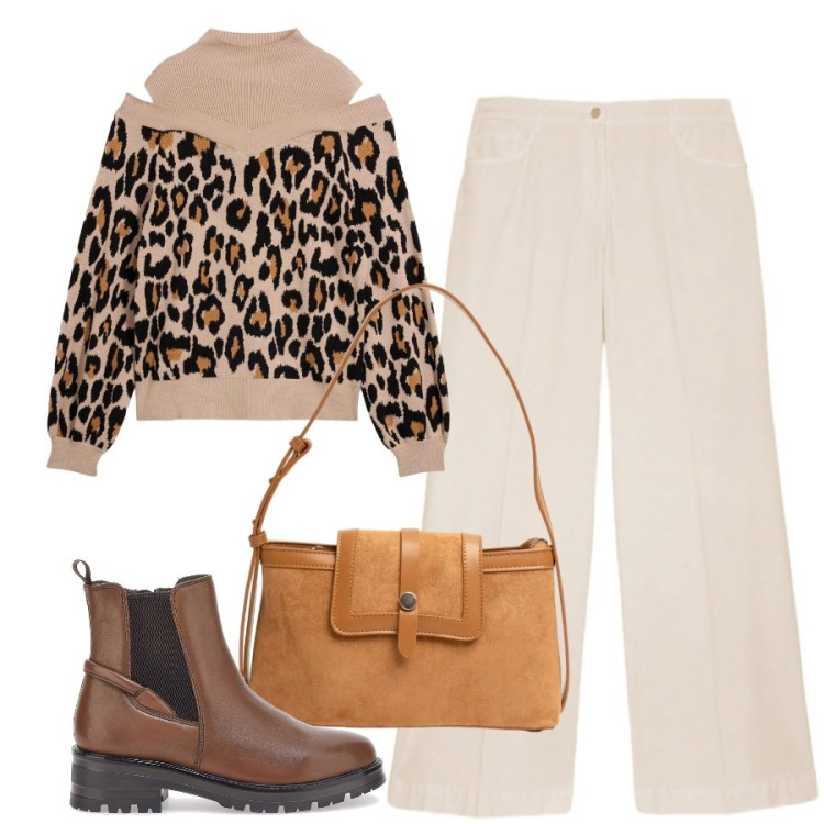 Outfit donna - Total look #2470639. Stile Casual per Tutti i giorni. Abbinamento con maglieria, pantaloni a palazzo, borse a tracolla, stivaletti chelsea.