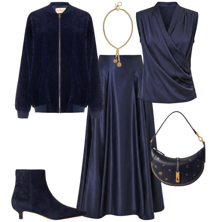 Outfit donna - Chic serata evento speciale. Stile Chic per Serata fuori. Abbinamento con gonne lunghe, top, bomber, stivaletti, borse a spalla, ciondoli.