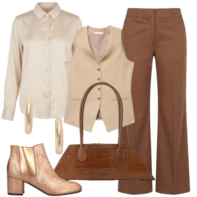 Outfit donna - Sfumature autunnali. Stile Sporty chic per Ufficio. Abbinamento con stivaletti chelsea, pantaloni, borse a spalla, gilet, camicie, orecchini.