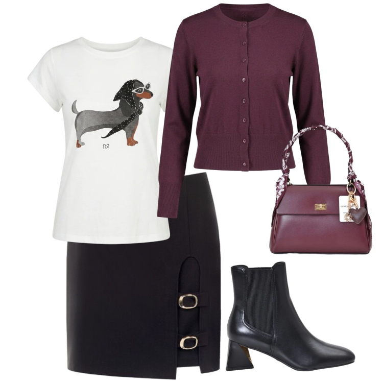 Outfit donna - Rientro in ufficio. Stile Casual chic per Ufficio. Abbinamento con stivaletti, t-shirt, minigonne, cardigans, borse a mano.