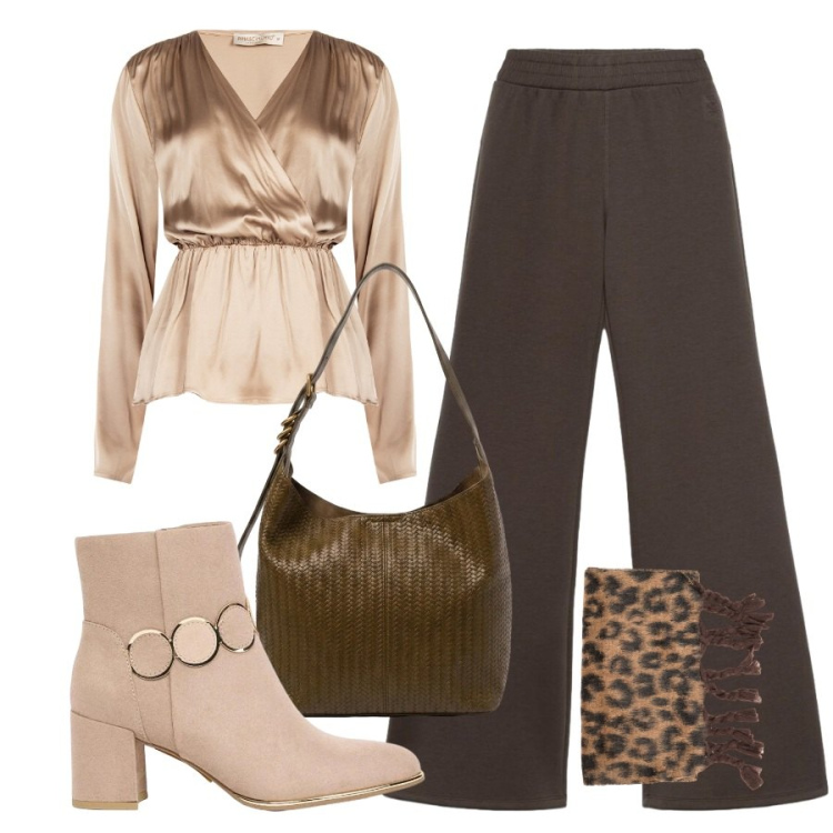 Outfit donna - Aperitivo. Stile Sporty chic per Serata fuori. Abbinamento con stivaletti, pantaloni, bluse, borse a spalla, sciarpe.