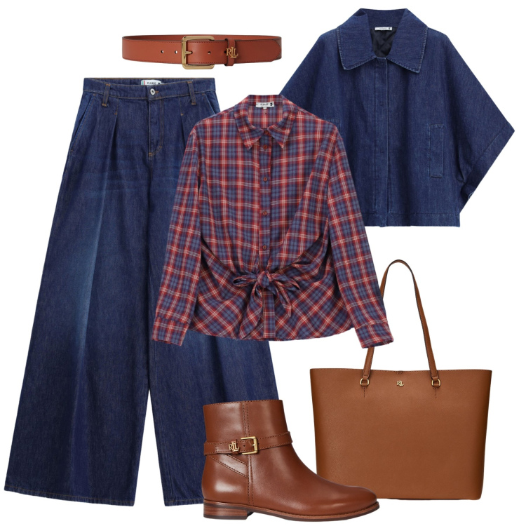 Outfit donna - Denim, tartan e cuoio. Stile Urban per Tutti i giorni. Abbinamento con blazer, jeans, camicie, borse tote, cinture, stivaletti.