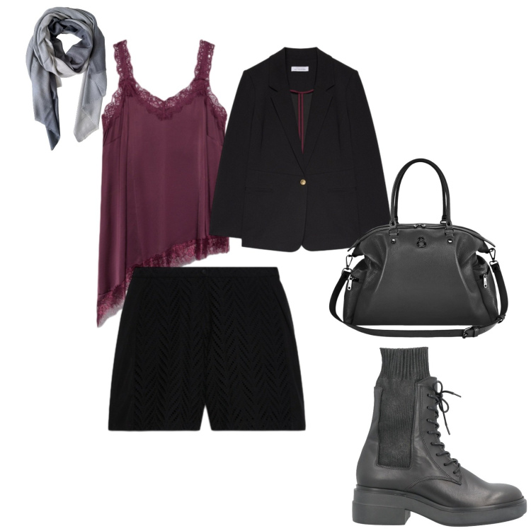 Outfit donna - Ottobre. Stile Casual chic per Serata fuori. Abbinamento con stivaletti, shorts, top, blazer, foulard, shopping bag.
