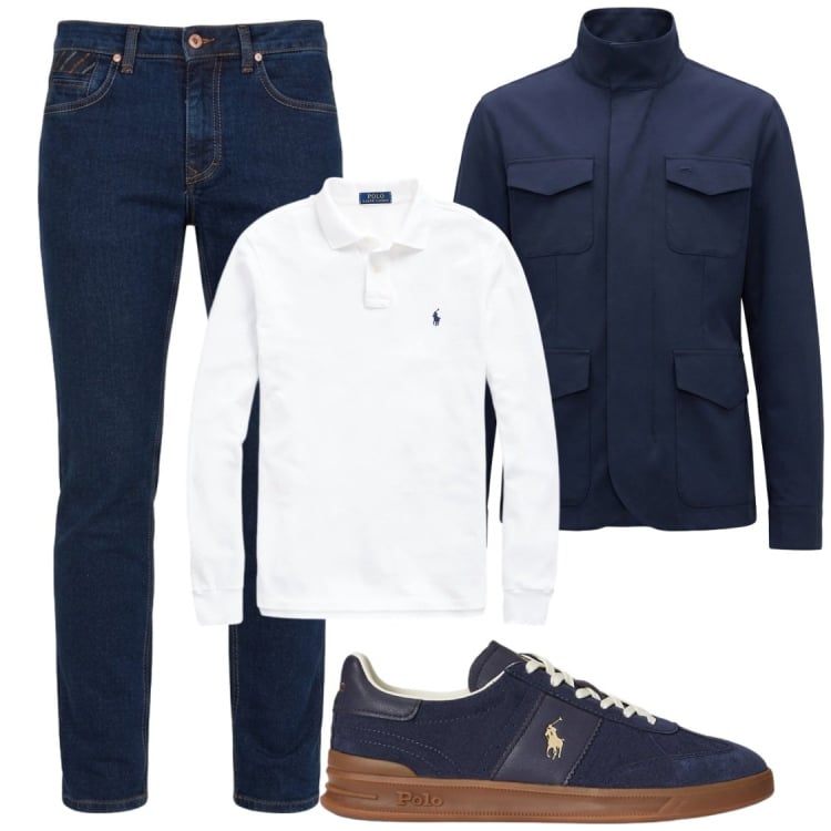Outfit uomo - Autunno. Stile Trendy per Ufficio. Abbinamento con jeans, giacche, polo, sneakers.