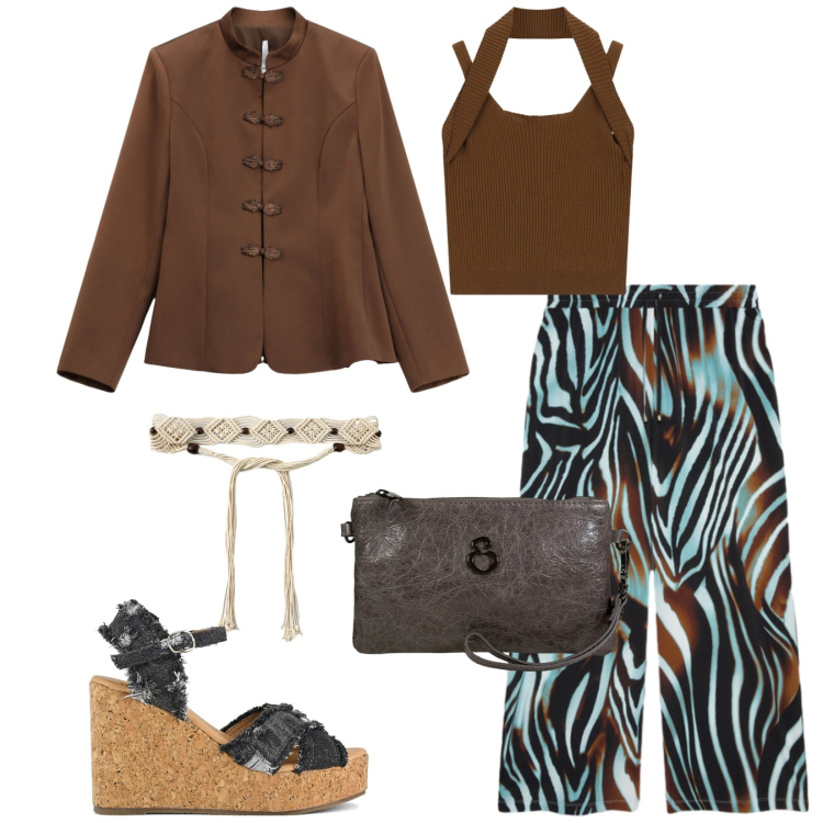 Outfit donna - Total look #2470651. Stile Etnico per Tutti i giorni. Abbinamento con blazer, top, cinture, pantaloni a palazzo, pochette, zeppe.