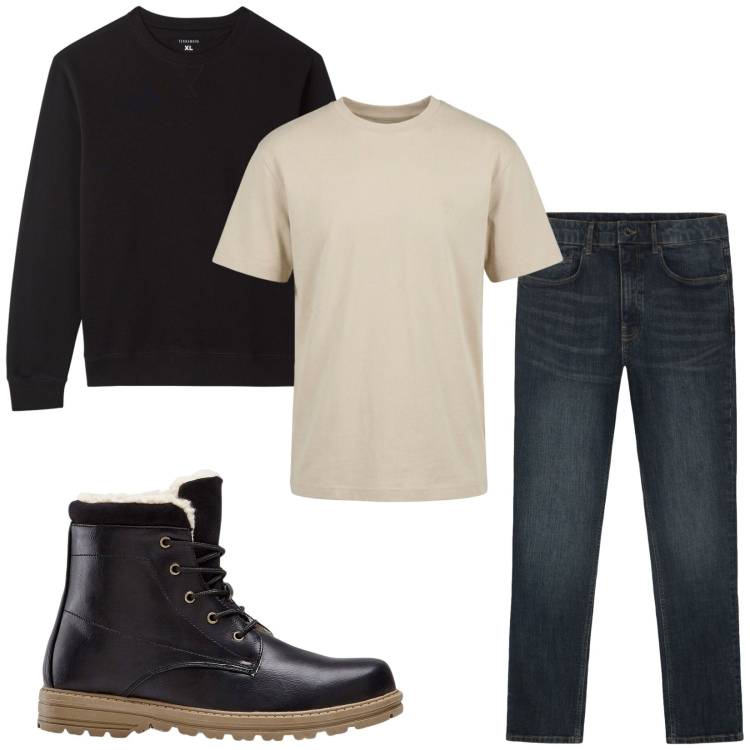 Outfit uomo - Total look #2470652. Stile Urban per Tutti i giorni. Abbinamento con stivali e stivaletti, t-shirt, felpe, jeans.