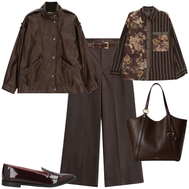 Outfit donna - Autunno ufficio tempo libero. Stile Casual chic per Tutti i giorni. Abbinamento con mocassini, camicie, pantaloni a palazzo, cinture, blazer, borse tote.