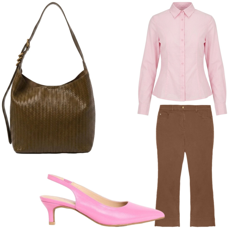 Outfit donna - Marrone e rosa chic. Stile Casual per Tutti i giorni. Abbinamento con décolleté, pantaloni, camicie, borse a spalla.