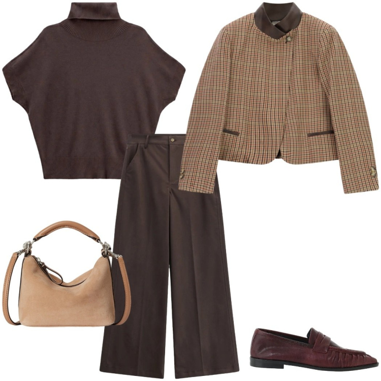 Outfit donna - Tartan fall colors. Stile Casual chic per Tutti i giorni. Abbinamento con t-shirt, cappotti, mocassini, pantaloni a palazzo, borse a spalla.