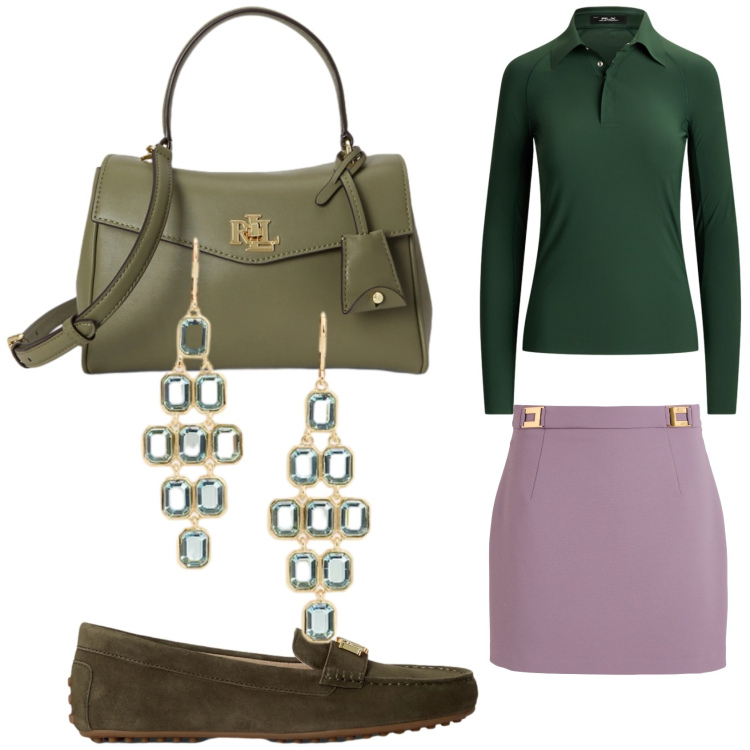 Outfit donna - Verde con un tocco di lilla. Stile Casual chic per Ufficio. Abbinamento con minigonne, mocassini, borse a mano, orecchini, polo.