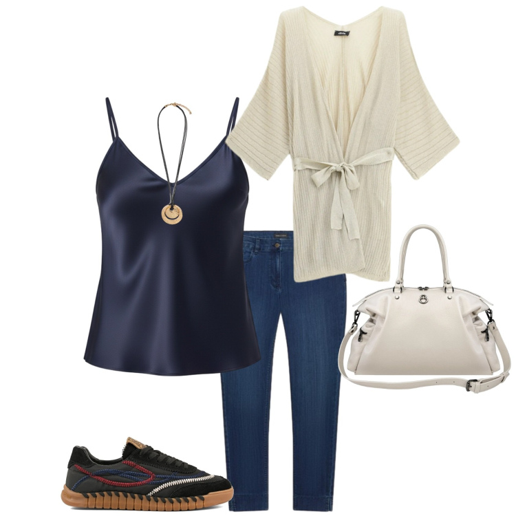 Outfit donna - Settembre. Stile Casual chic per Tutti i giorni. Abbinamento con cardigans, canottiere, jeans skinny, ciondoli, shopping bag, sneakers.