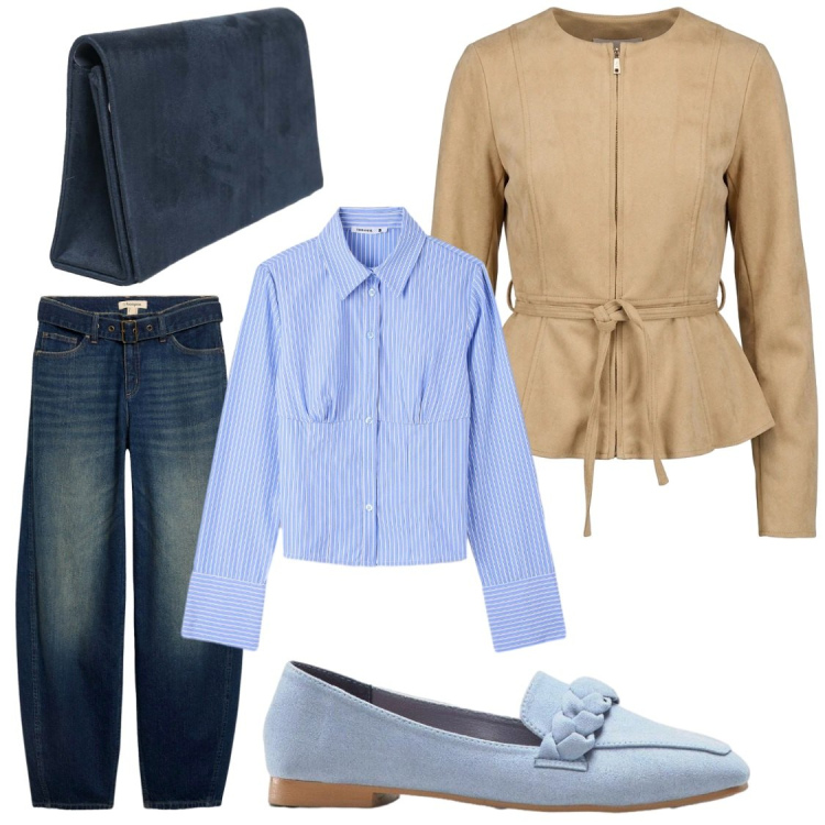 Outfit donna - Passeggiate di fine settembre. Stile Chic per Serata fuori. Abbinamento con mocassini, jeans, camicie, blazer, borse a tracolla.