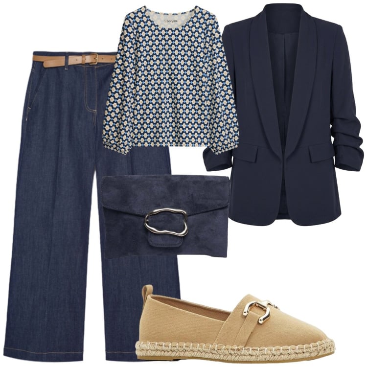 Outfit donna - Settembre. Stile Chic per Ufficio. Abbinamento con bluse, espadrillas, jeans, blazer, pochette.