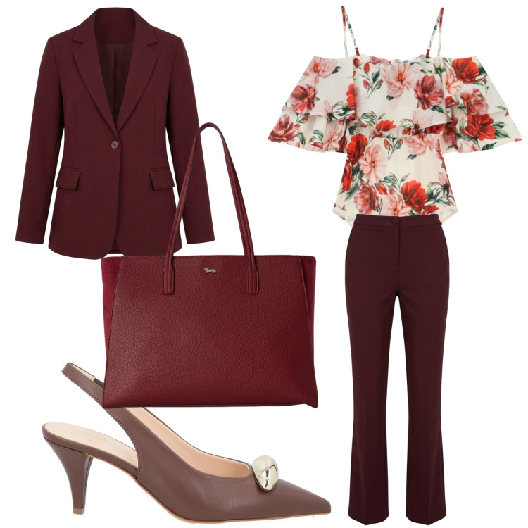 Outfit donna - Borgogna. Stile Glamour per Serata fuori. Abbinamento con décolleté, shopping bag, body, blazer, pantaloni.