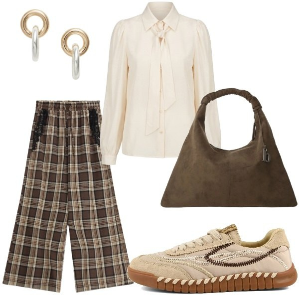 Outfit donna - autunno. Stile Sporty chic per Ufficio. Abbinamento con borse a spalla, pantaloni a palazzo, camicie, orecchini, sneakers.