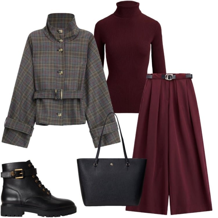 Outfit donna - Tartan fall colors. Stile Urban per Tutti i giorni. Abbinamento con pantaloni a palazzo, cappotti, anfibi, borse tote, pullovers.