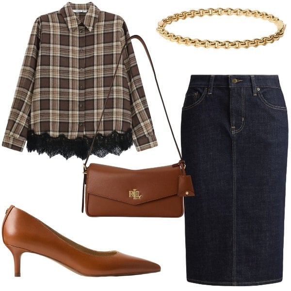 Outfit donna - Stile inglese. Stile Casual chic per Ufficio. Abbinamento con camicie, décolleté, gonne, borse a spalla, braccialetti.