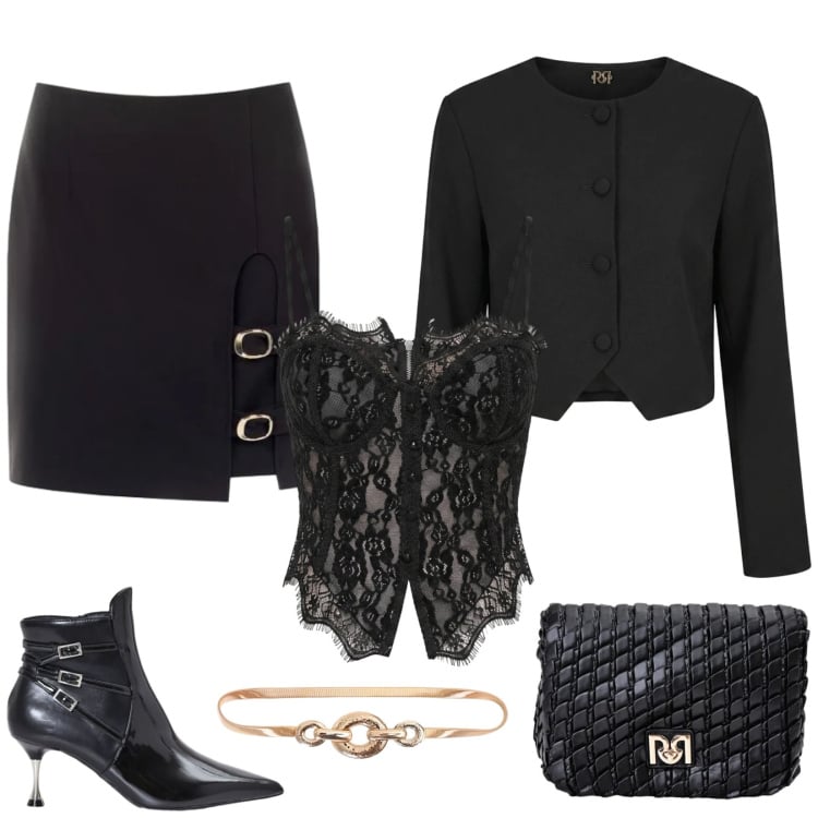 Outfit donna - Total black per la sera. Stile Sexy per Serata fuori. Abbinamento con top, borse a tracolla, cinture, stivaletti, blazer, minigonne.