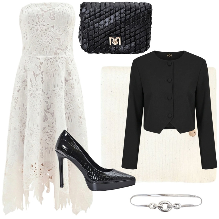 Outfit donna - Rinascimento - Dietro la trama FW26. Stile Basic per Cerimonia. Abbinamento con vestiti asimmetrici, sciarpe, blazer, borse a tracolla, décolleté, cinture.
