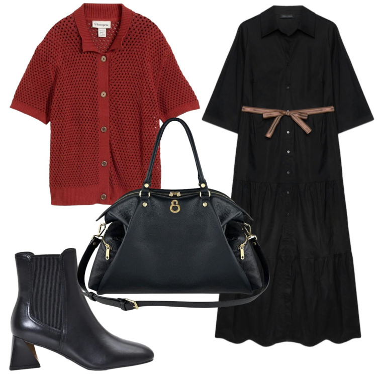 Outfit donna - Il vestito chemisier autunnale. Stile Casual per Tutti i giorni. Abbinamento con cardigans, stivaletti, vestiti chemisier, shopping bag.