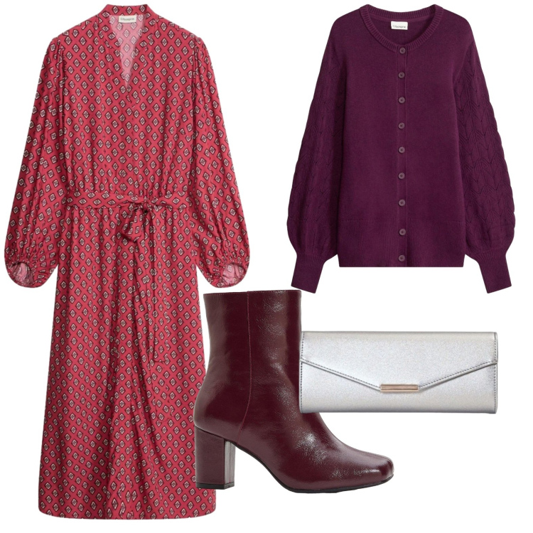 Outfit donna - Il vestito chemisier autunnale. Stile Boho per Serata fuori. Abbinamento con vestiti chemisier, cardigans, stivaletti, clutch.