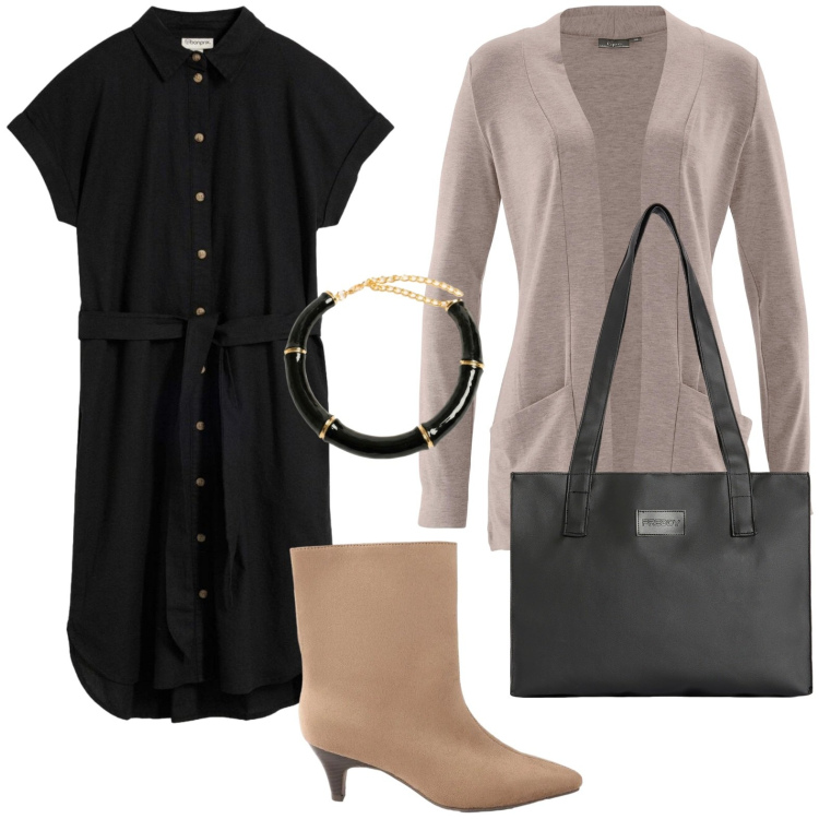 Outfit donna - Il vestito chemisier autunnale. Stile Glamour per Ufficio. Abbinamento con vestiti chemisier, cardigans, stivaletti, shopping bag, collane.