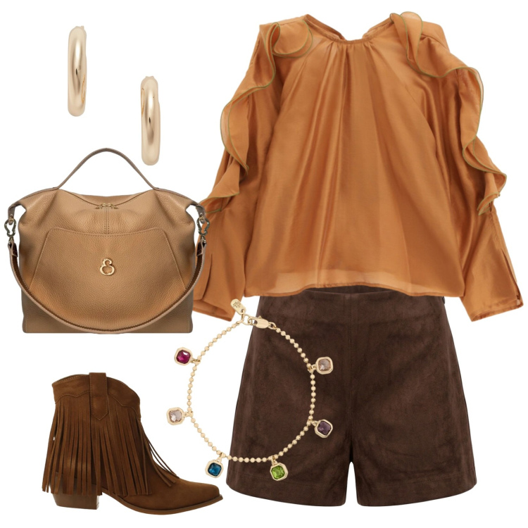 Outfit donna - Short scamosciati e stivaletti frangiati. Stile Trendy per Serata fuori. Abbinamento con stivaletti texani, bluse, borse a mano, shorts, orecchini, braccialetti.