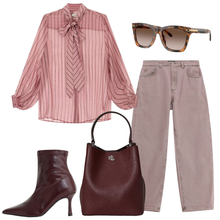 Outfit donna - Camicia semitrasparente rigata. Stile Urban per Tutti i giorni. Abbinamento con stivaletti, jeans, camicie, borse a secchiello, occhiali da sole.