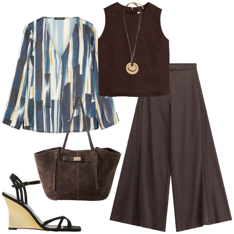 Outfit donna - Total look #2470684. Stile Casual chic per Ufficio. Abbinamento con canottiere, shopping bag, pantaloni a palazzo, sandali col tacco, ciondoli, bluse.