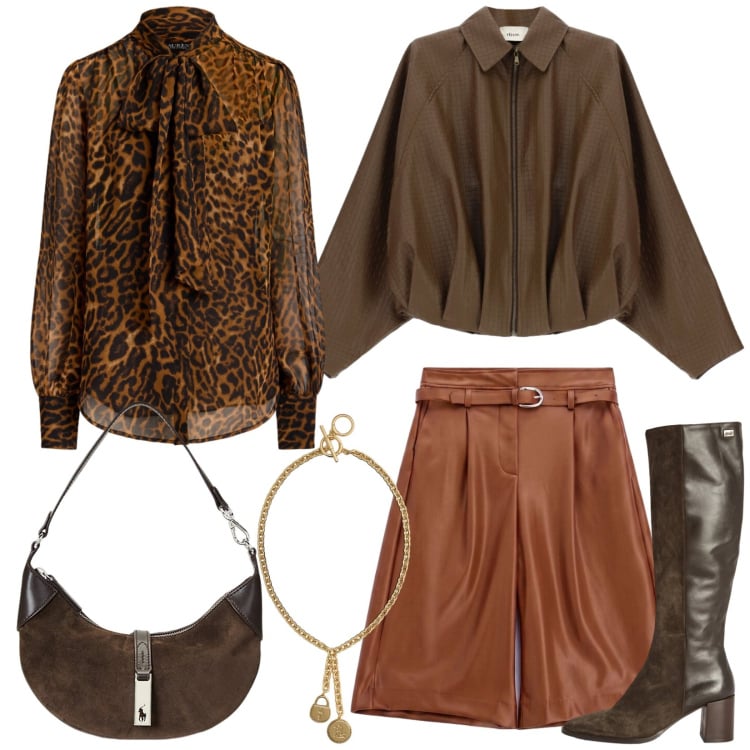 Outfit donna - L\'autunno addosso. Stile Trendy per Serata fuori. Abbinamento con stivali, bermuda, giacche, borse a spalla, bluse, ciondoli.