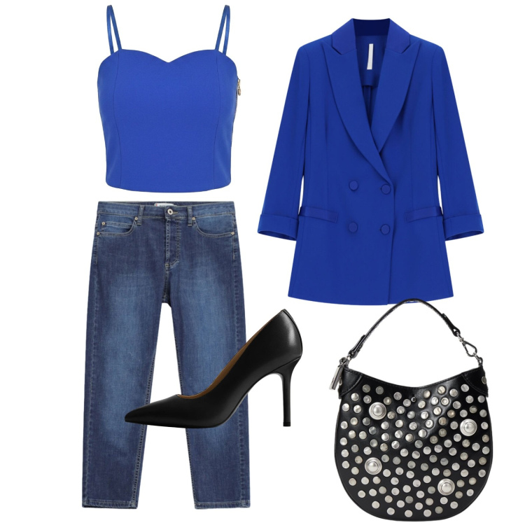 Outfit donna - Il top abbinato al blazer. Stile Casual chic per Serata fuori. Abbinamento con blazer, top, jeans dritti, décolleté, borse a mano.