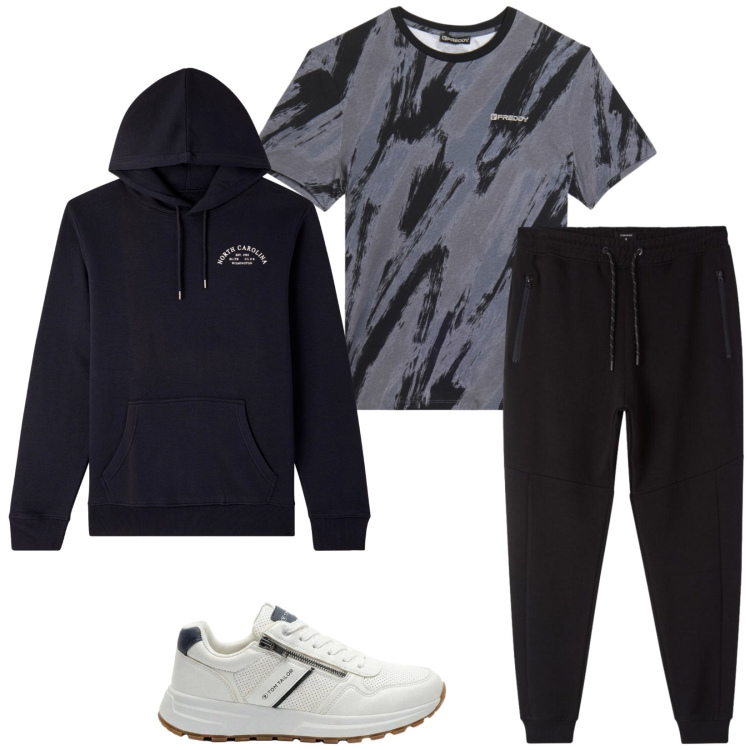 Outfit uomo - Total look #2470687. Stile Urban per Sport. Abbinamento con sneakers, felpe con cappuccio, pantaloni, t-shirt.