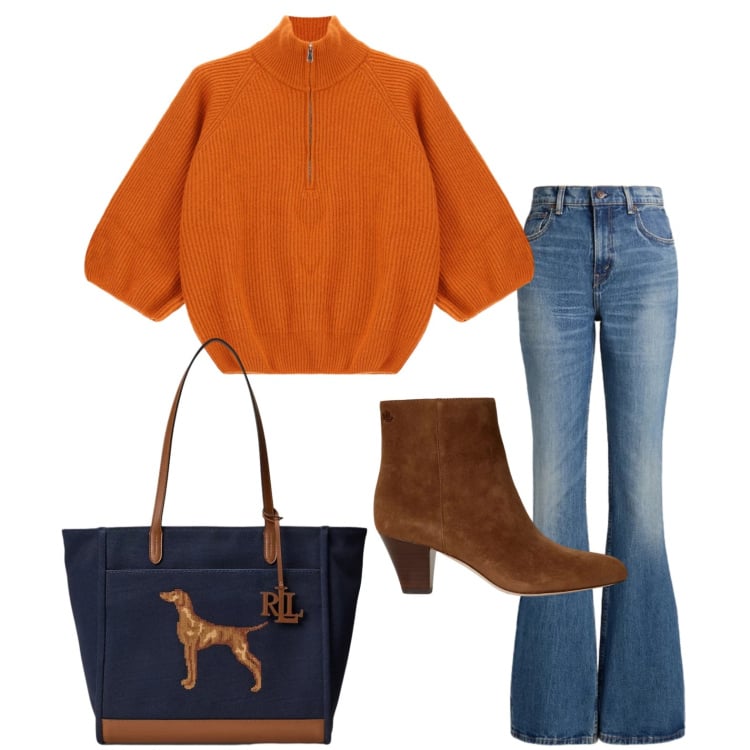 Outfit donna - Look del martedì. Stile Casual per Ufficio. Abbinamento con maglieria, jeans, borse tote, stivaletti.