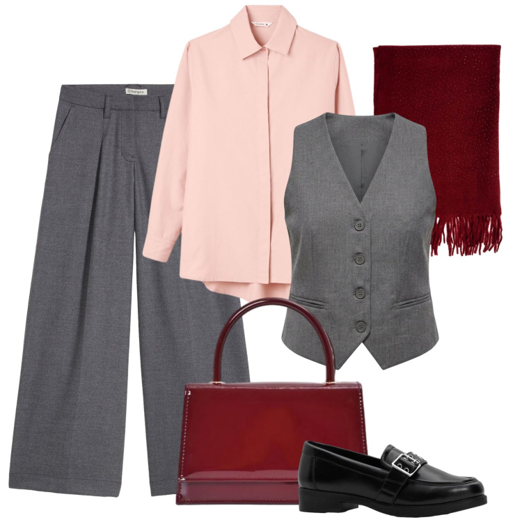 Outfit donna - Chic Urban Layering. Stile Casual chic per Tutti i giorni. Abbinamento con pantaloni, mocassini, camicie, borse a mano, gilet, sciarpe.