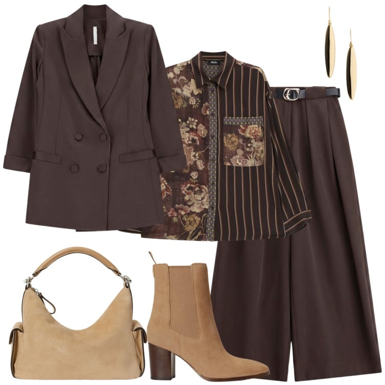 Outfit donna - La borsa e gli stivaletti in camoscio. Stile Mannish per Serata fuori. Abbinamento con pantaloni a palazzo, blazer, camicie, orecchini, borse a spalla, stivaletti.