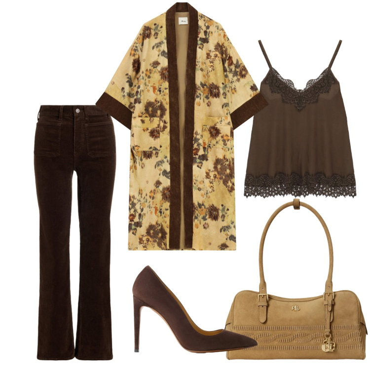 Outfit donna - La giacca kimono. Stile Glamour per Serata fuori. Abbinamento con top, kimono, décolleté, borse a spalla, pantaloni.