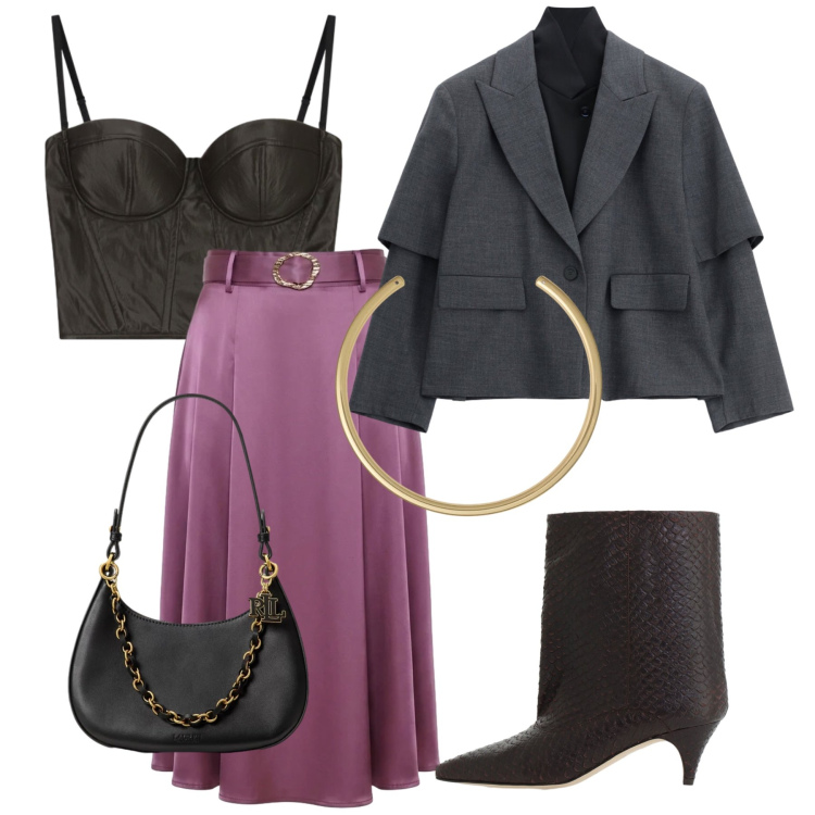 Outfit donna - Total look #2470692. Stile Bon Ton per Serata fuori. Abbinamento con blazer, top, stivali, gonne longuette, collane, borse a spalla.