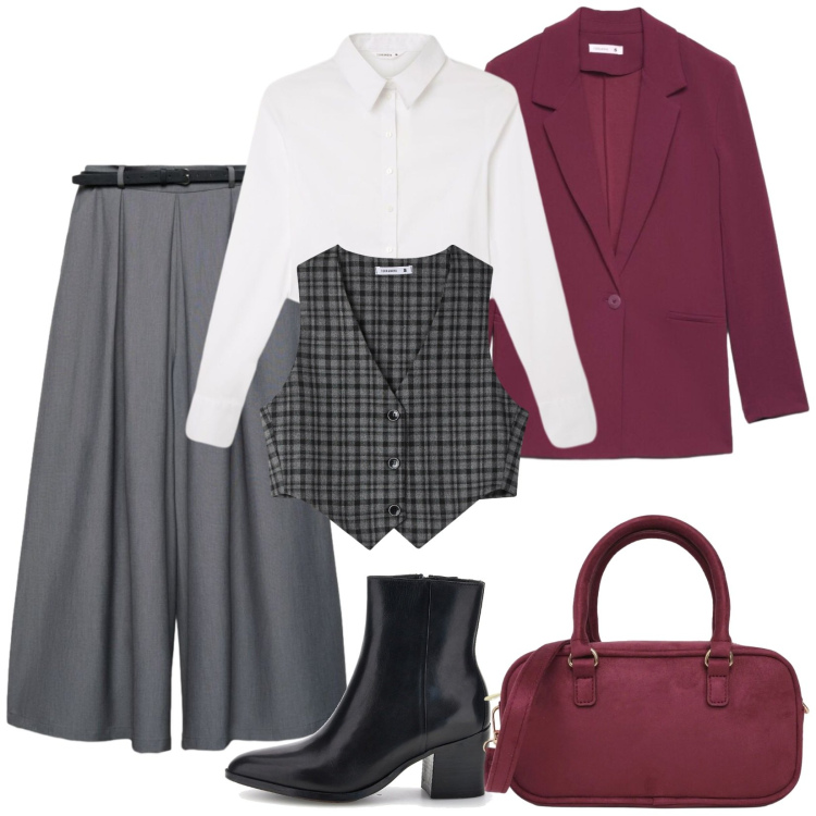 Outfit donna - Mannish per l\'ufficio. Stile Mannish per Ufficio. Abbinamento con blazer, gilet, camicie, borse a tracolla, pantaloni, stivaletti.