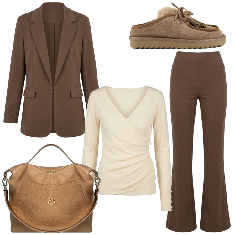 Outfit donna - Nuove tendenze autunnali. Stile Casual chic per Tutti i giorni. Abbinamento con borse a mano, blazer, t-shirt, pantaloni, sabot.
