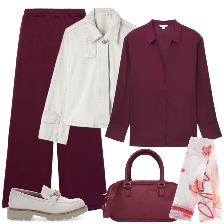 Outfit donna - Bordeaux e grigio chiaro. Stile Basic per Ufficio. Abbinamento con pantaloni, cappotti, borse a tracolla, camicie, mocassini, foulard.