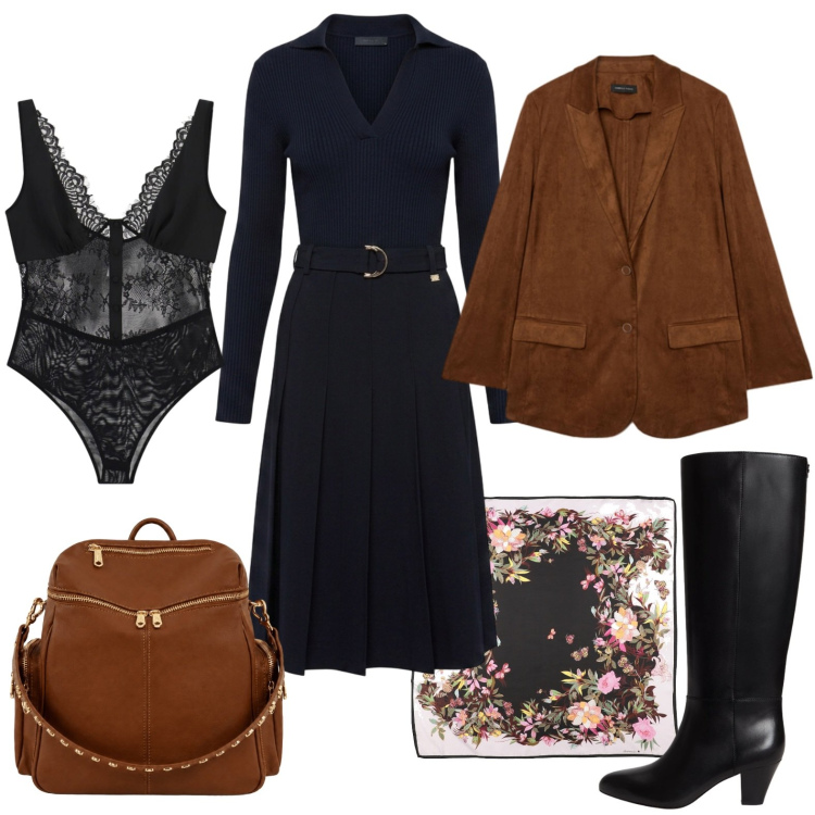 Outfit donna - L\'autunno è alle porte. Stile Chic per Ufficio. Abbinamento con sciarpe, vestiti midi/longuette, body, blazer, zaini, stivali.