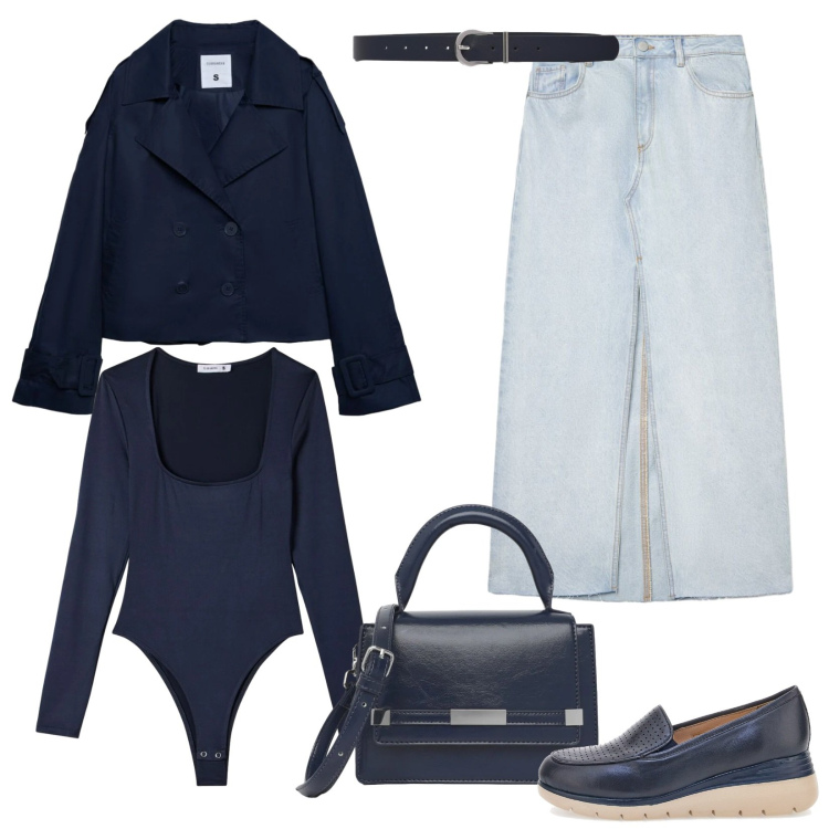 Outfit donna - Blu e jeans per le giornate autunnali. Stile Casual chic per Tutti i giorni. Abbinamento con caban, gonne lunghe, borse a tracolla, cinture, t-shirt, mocassini.