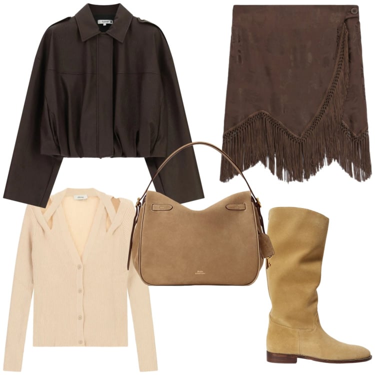 Outfit donna - Cowgirl stile cittadino. Stile Glamour per Tutti i giorni. Abbinamento con minigonne, cardigans, bomber, borse a mano, stivali.